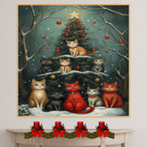 Retro Christmas Cats Print Adorable Kittens Around Decorated Christmas Tree Snowy Forest Scene Vintage Style Perfect for Cozy Winter and Holiday Home Decor on Ready to Hang 1.5" Thick Canvas Wrap, Floating Framed Canvas, Flat Rolled Canvas